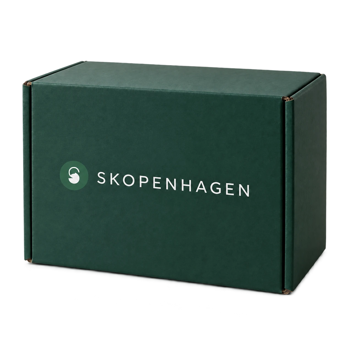 Skopenhagen branded forest-green parcel carton, isolated on a transparent background