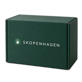 Skopenhagen branded forest-green parcel carton, isolated on a transparent background